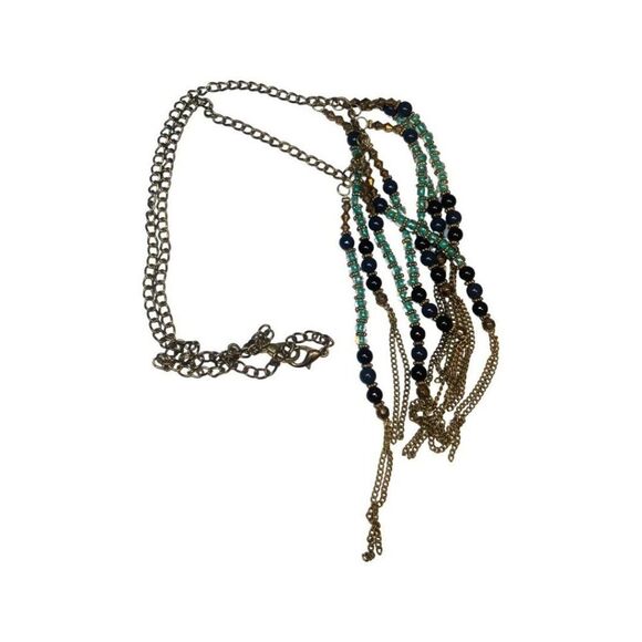 Navy And Light Blue Glass Beaded Dangle Fringe Gold Tone Vintage Necklace 23” - Picture 10 of 11